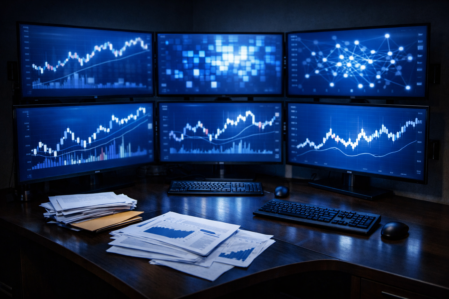 SaturdaySignal research workstation with six monitors displaying AI stock signal analysis, financial charts, and market data heat maps